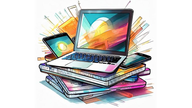 digital art style pile of technologies with laptop on top