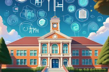 front view of a high school with digital icons in sky, generated by Adobe Firefly