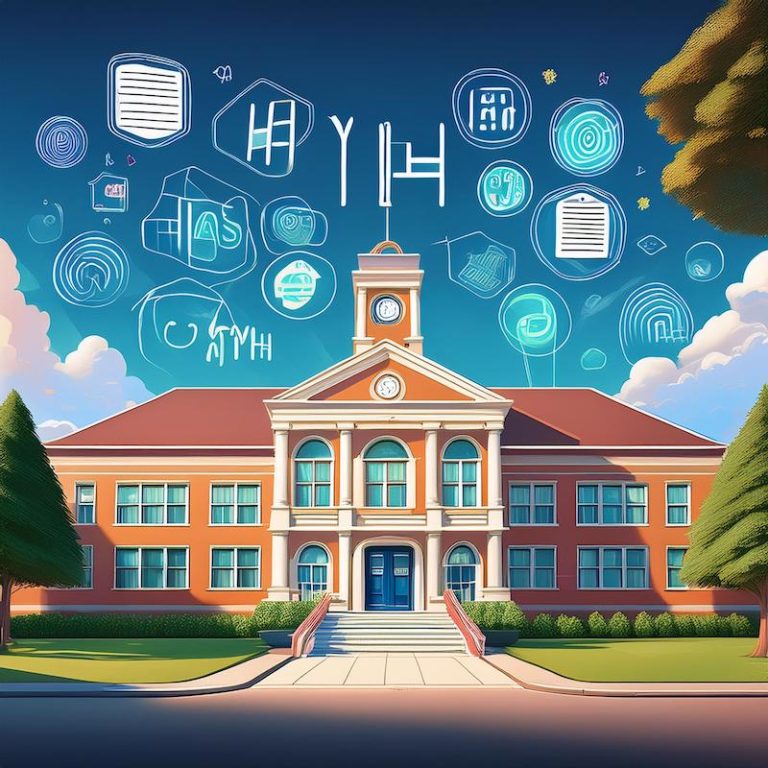 front view of a high school with digital icons in sky, generated by Adobe Firefly