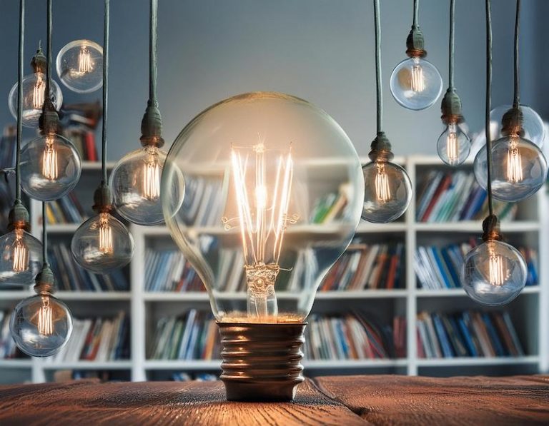 Lightbulbs hanging over a desk with a big lightbulb in the desk, bookshelf in background
