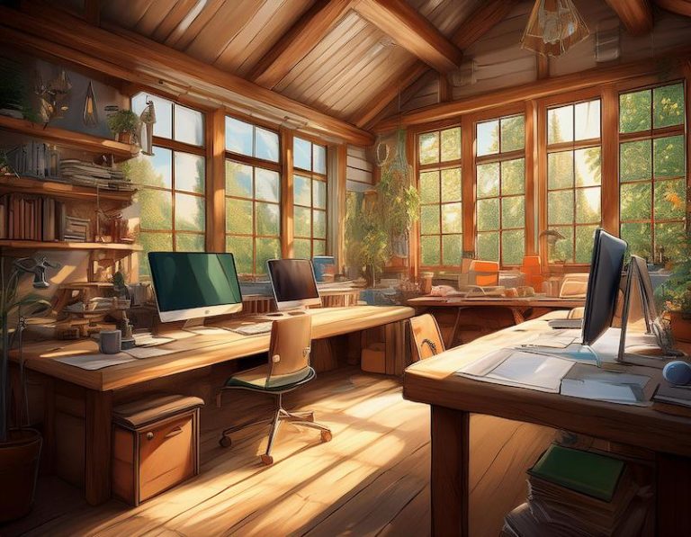 room with computers in warm country setting, generated by Adobe Firefly