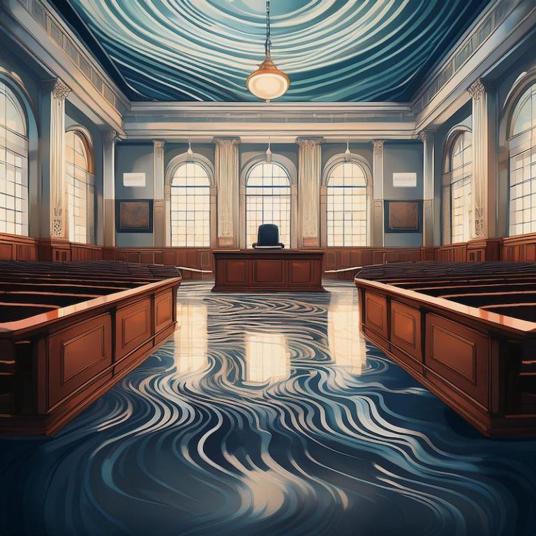 courtroom with ripples on the ground, generated by Adobe Firefly