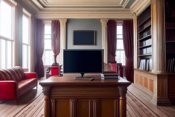 government building interior with computer on desk, generated by Adobe Firefly