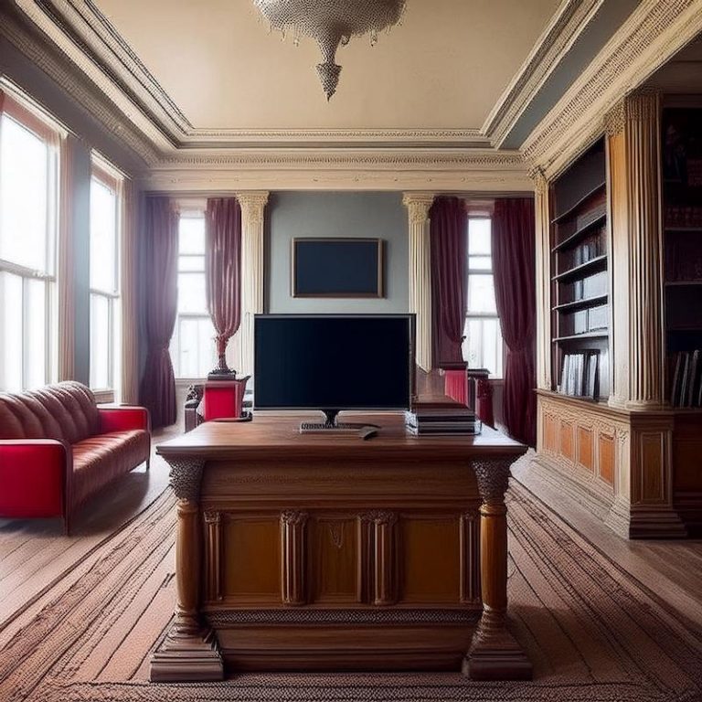 government building interior with computer on desk, generated by Adobe Firefly