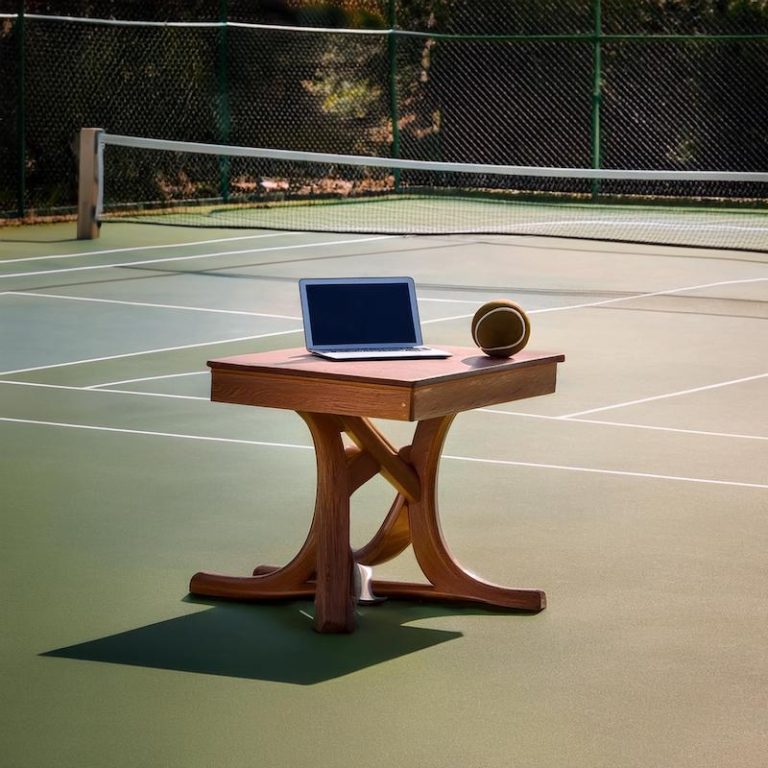 Tennis court with table with laptop and ball, generated by Adobe Firefly