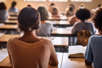 classroom of teenagers, view from back, generated by Adobe Firefly