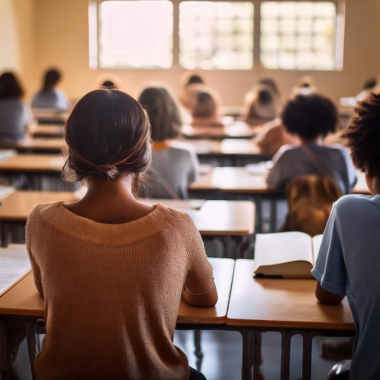 classroom of teenagers, view from back, generated by Adobe Firefly