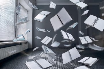 notebooks swirling around in storm, generated by Adobe Firefly