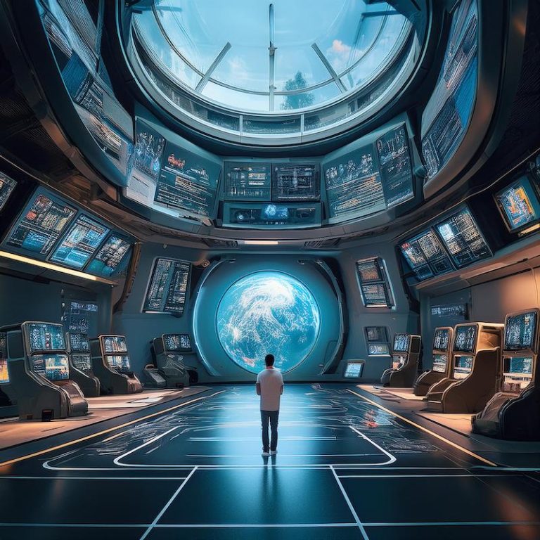 person standing in large room full of technology screens, generated by Adobe Firefly