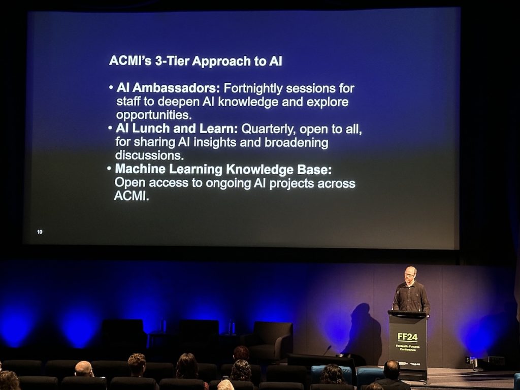 Conference slide on ACMI staff upskilling in AI from Fantastic Futures, the international conference on AI for Libraries, Archives, and Museums