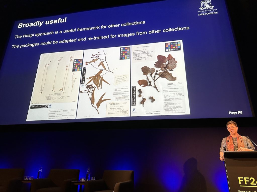 Conference slide on Hespi AI for herbarium collections from Fantastic Futures, the international conference on AI for Libraries, Archives, and Museums