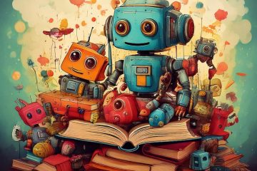 colorful cheerful robots on top of a pile of books, generated by Adobe Firefly