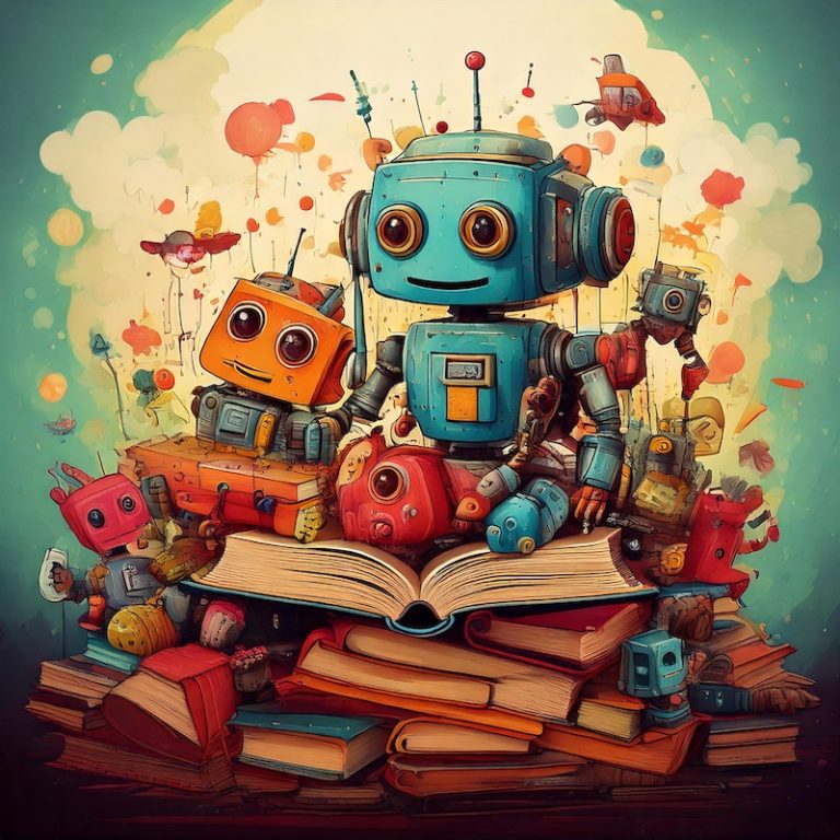 colorful cheerful robots on top of a pile of books, generated by Adobe Firefly