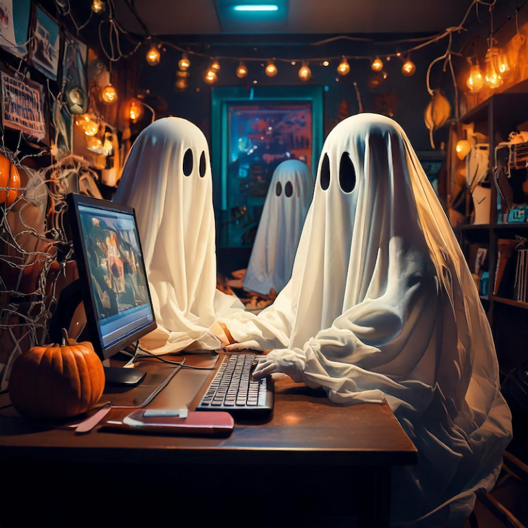 ghosts using computers, generated by Adobe Firefly