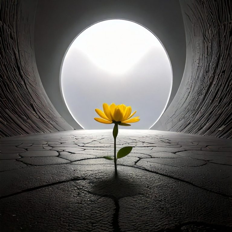 yellow flower sprouting in barren void tunnel, generated by Adobe Firefly