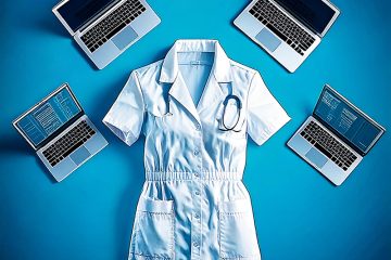 nurse uniform surrounded by laptops, generated by Adobe Firefly