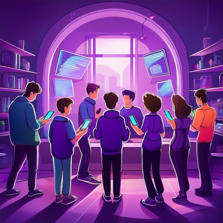 cartoon people in a circle holding phones, generated by Adobe Firefly