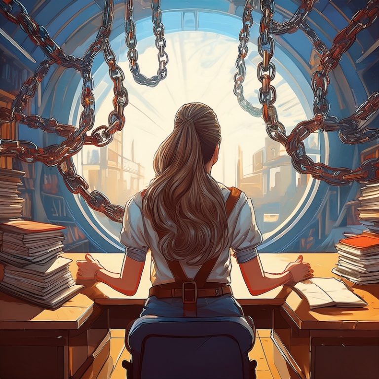 student sitting at a desk with books and chains hanging above them, facing away toward a circular window, generated by Adobe Firefly