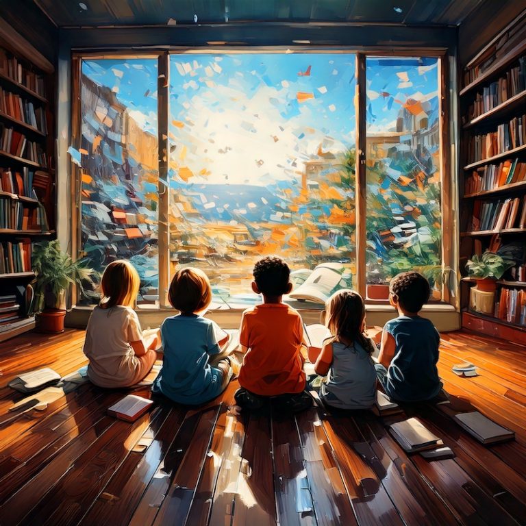 children sitting on floor looking out window, generated by Adobe Firefly