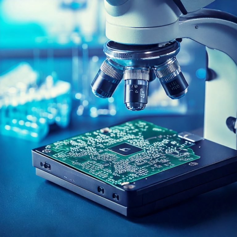 computer circuit board under a microscope, generated by Adobe Firefly