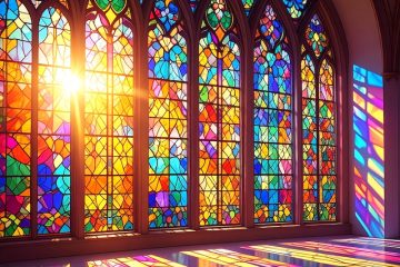large stained glass window with light shining through, generated by Adobe Firefly