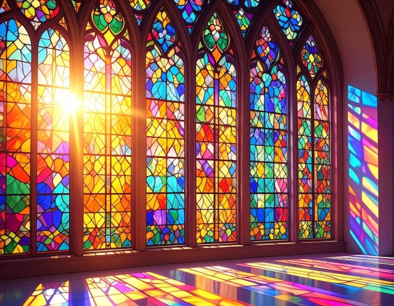 large stained glass window with light shining through, generated by Adobe Firefly