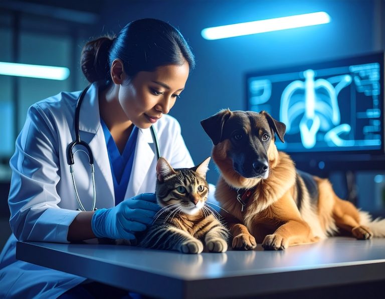 veterinarian with cat and dog, generated by Adobe Firefly
