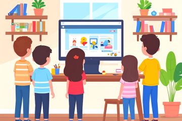 cartoon children watching a monitor on a table, generated by Adobe Firefly