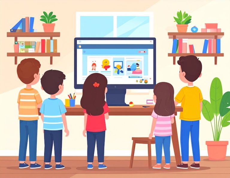 cartoon children watching a monitor on a table, generated by Adobe Firefly