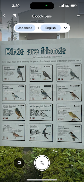 Google Lens translation of a park sign about birds in Japan