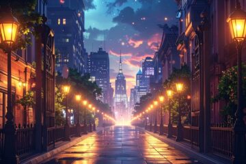 gateway to a city in nighttime with lanterns lit up on the side of the street, generated by Adobe Firefly