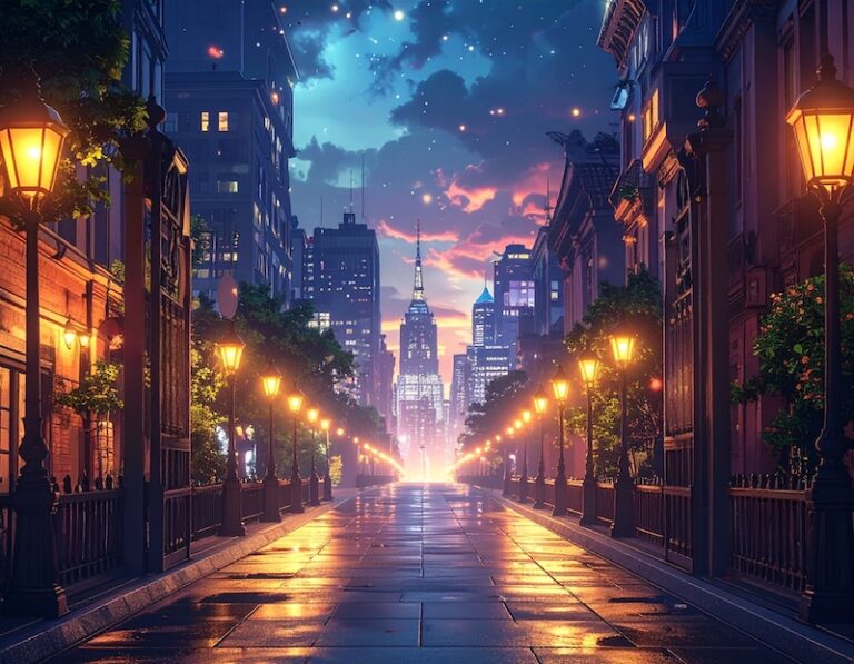 gateway to a city in nighttime with lanterns lit up on the side of the street, generated by Adobe Firefly