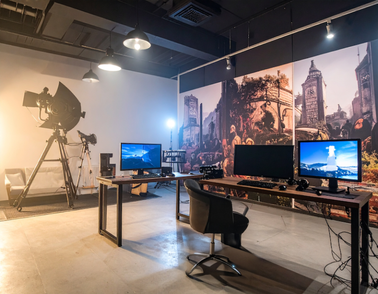 film studio office with computers, generated by Adobe Firefly
