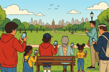 cartoon people texting in a park in US, generated by Adobe Firefly