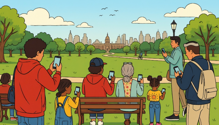 cartoon people texting in a park in US, generated by Adobe Firefly