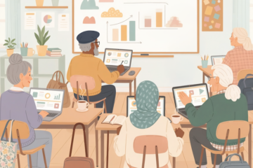cartoon of seniors learning on laptops, generated by Adobe Firefly