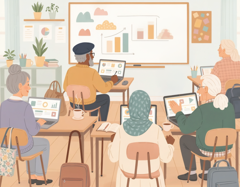 cartoon of seniors learning on laptops, generated by Adobe Firefly