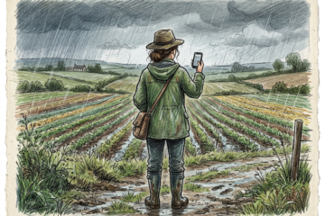 cartoon of farmer holding phone in a field while it's raining, generated by Adobe Firefly