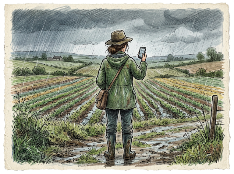 cartoon of farmer holding phone in a field while it's raining, generated by Adobe Firefly
