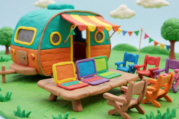 claymation caravan with chairs and tables and laptops set up, generated by Adobe Firefly
