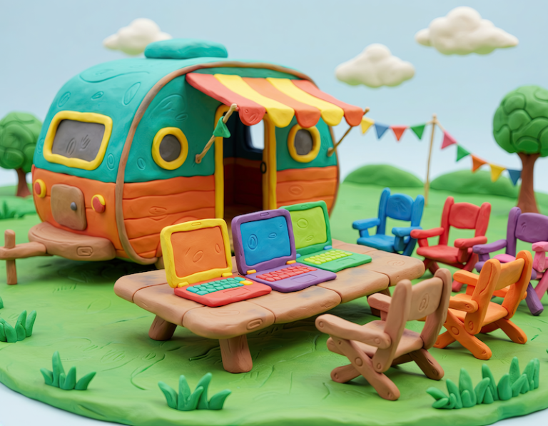 claymation caravan with chairs and tables and laptops set up, generated by Adobe Firefly